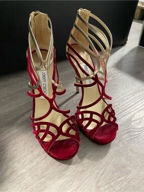 Jimmy Choo Red Velvet and Gold Strappy High Heels